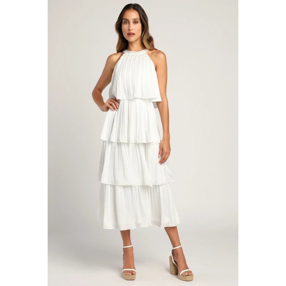 Lulus Tier and Far Sleeveless Tiered Pleated Halter Midi Dress in White XL NWOT - Picture 3 of 5